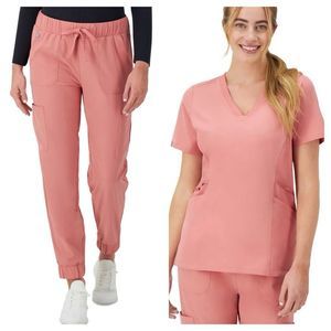 Women's Coral Pink Scrub Set - Classic V-Neck Top & Jogger Pants